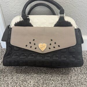 Betsey Johnson Black, White, and Tan Satchel with Heart Accent